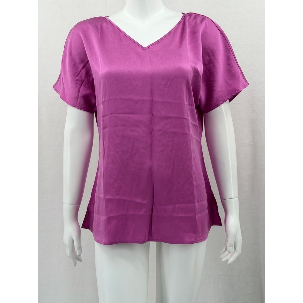 Ravella Top Womens Small 6 Purple 100% Silk V-Neck Short Sleeves Office Luxury
